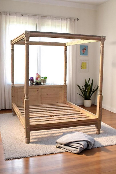 Houten Hemelbed Klassiek gedraaid Royaal grenen - Model D tweepersoons